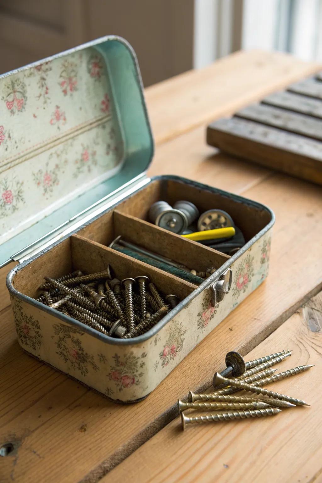Transform vintage cookie tins into stylish screw storage with a touch of nostalgia and craftsmanship.
