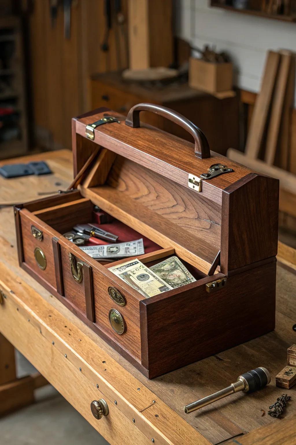 Discover the art of craftsmanship with this tool box featuring a hidden compartment for your valuables.