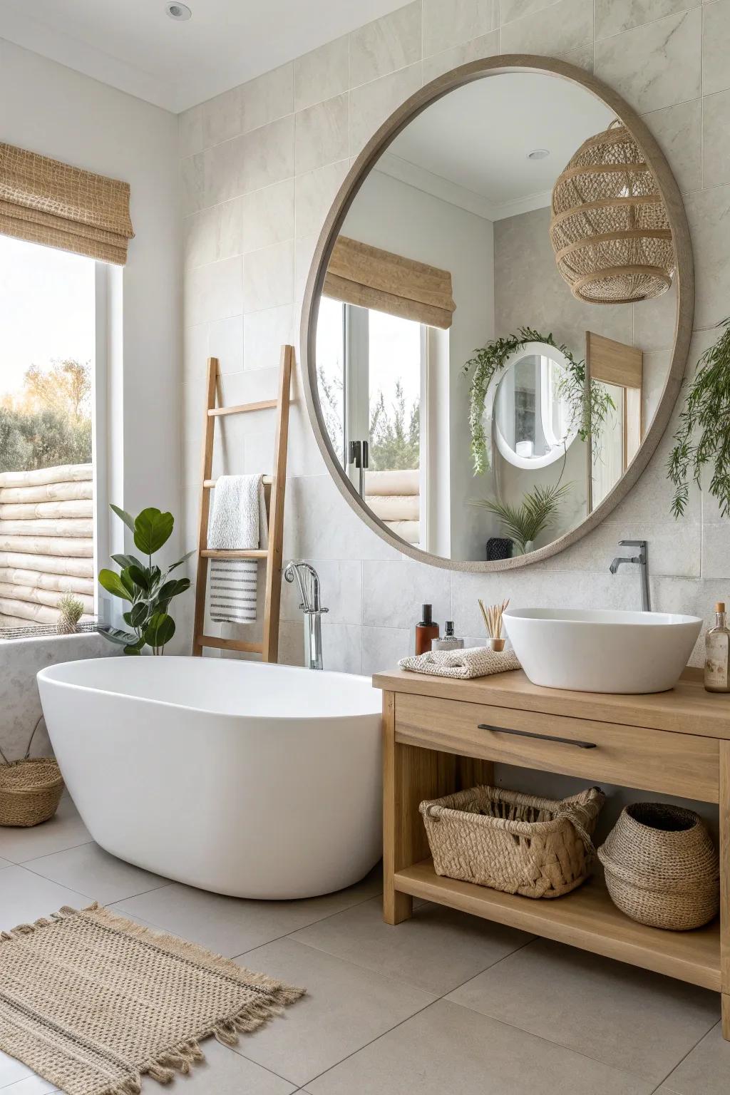 Elevate your bath space with the elegance of layered mirrors for a touch of luxury and spacious charm.