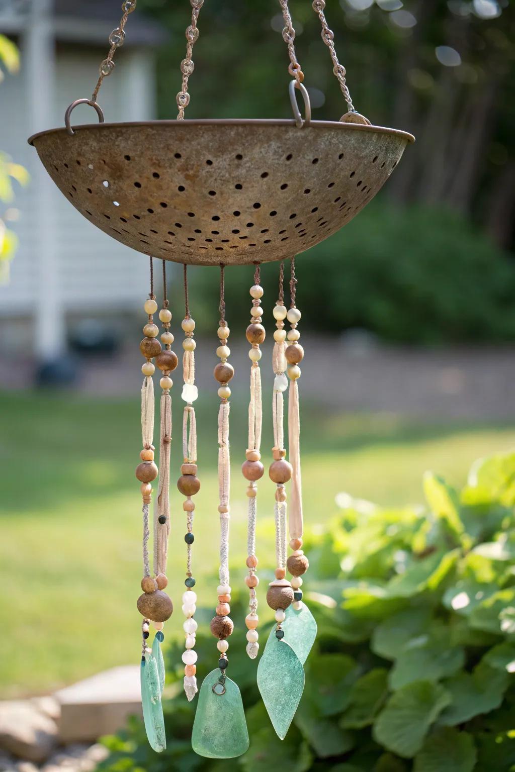 From Kitchen Charm to Garden Melody: Transform a Colander into a Stunning Wind Chime.