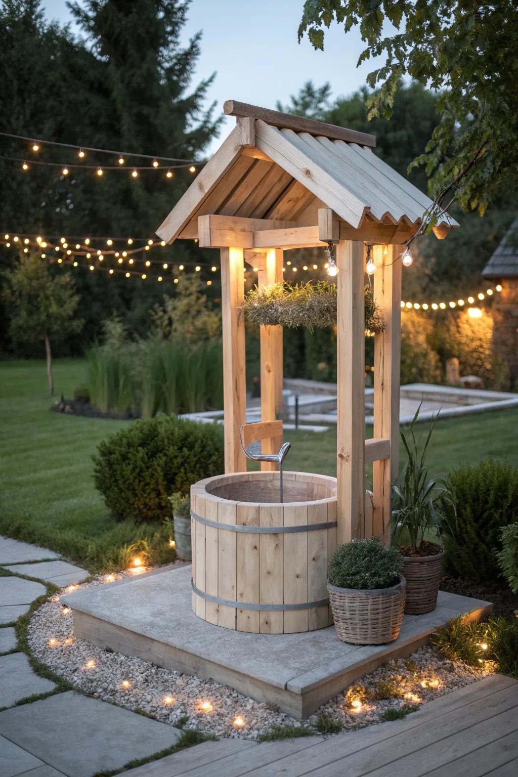 Illuminate your garden evenings with a charming DIY wishing well adorned with eco-friendly solar lights.