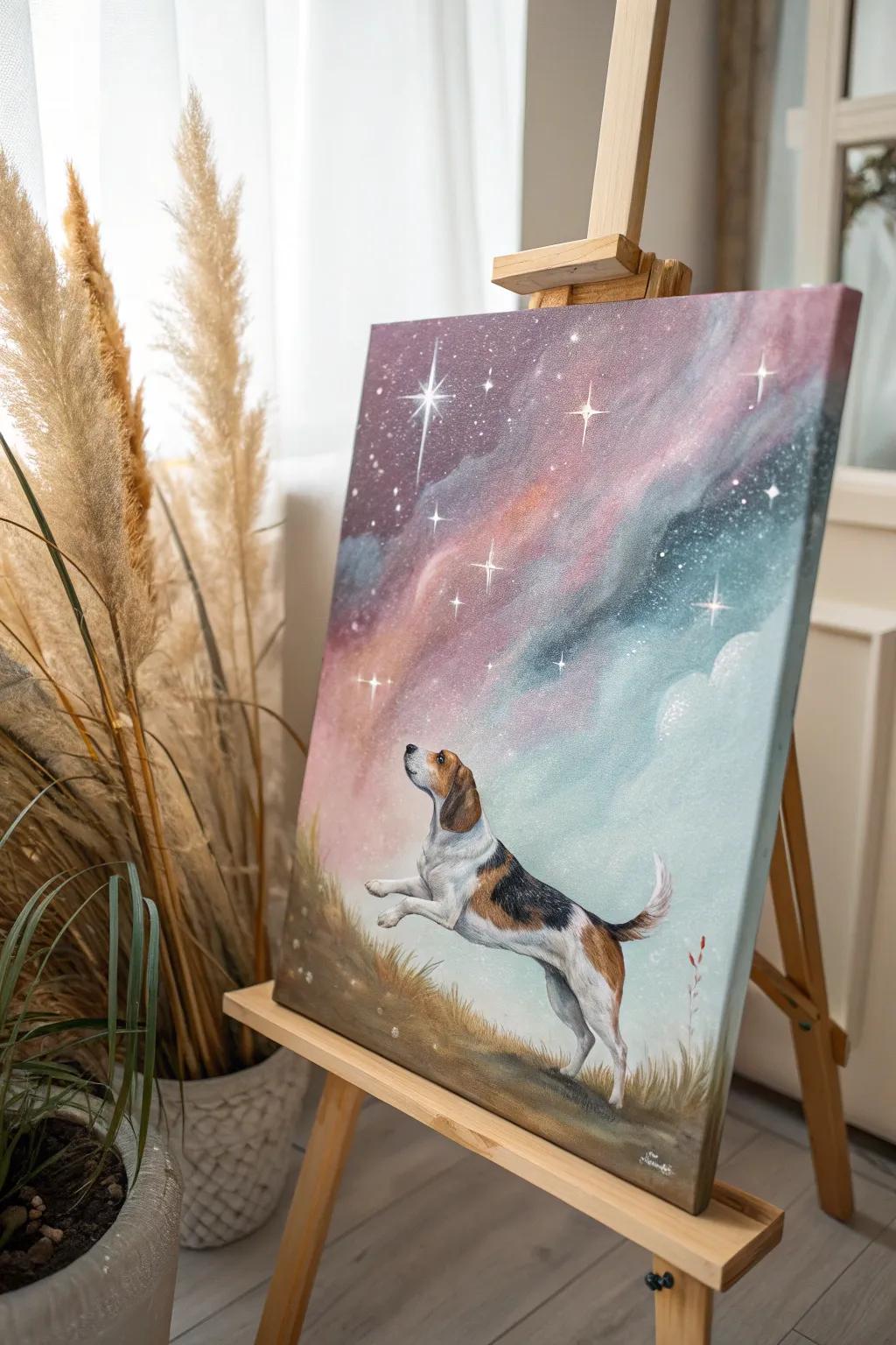Embark on a galactic journey with your cosmic canine companion, where simplicity meets the stars.
