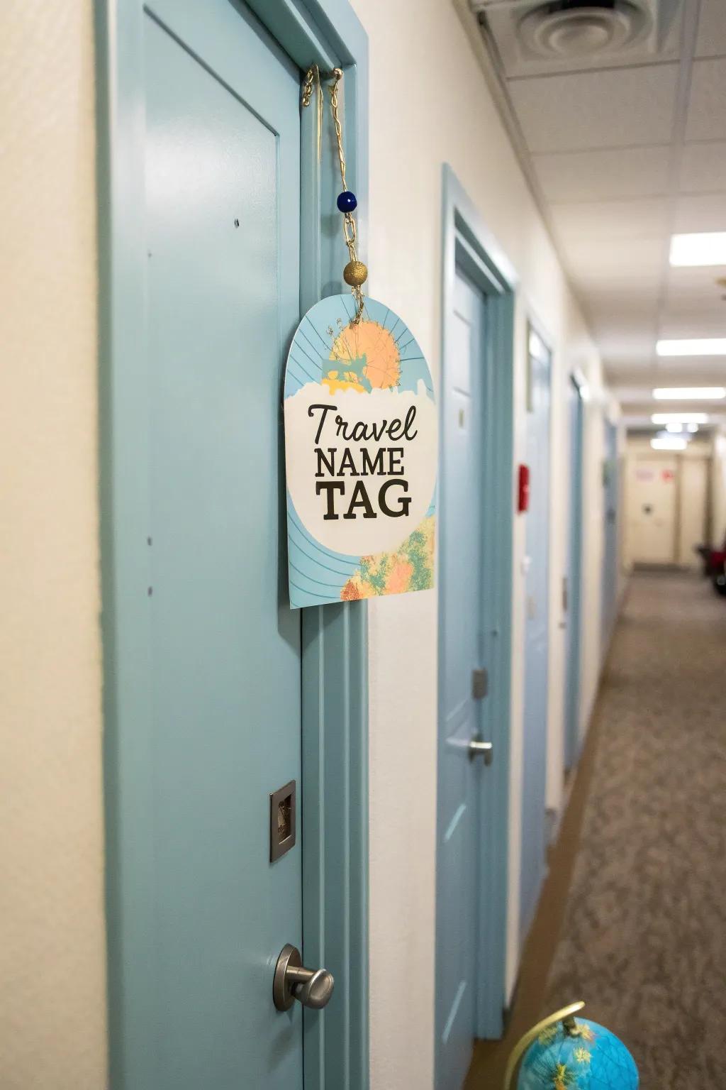 Travel-themed name tags inspire wanderlust and invite adventure.