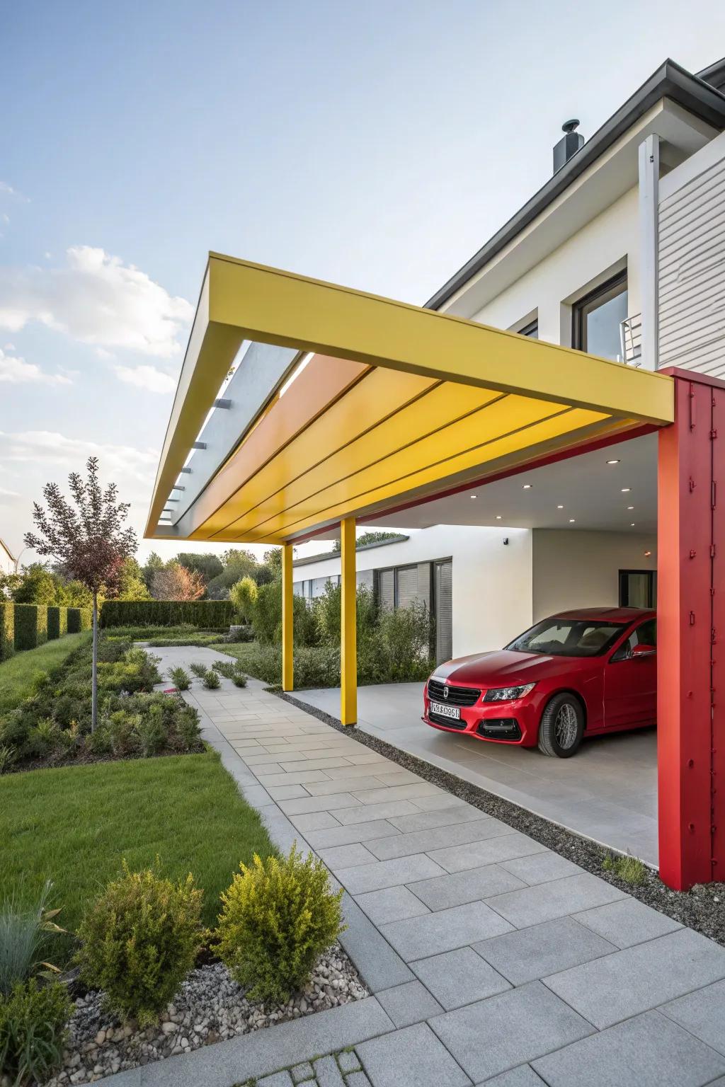 A carport that catches the eye with its vibrant color scheme.