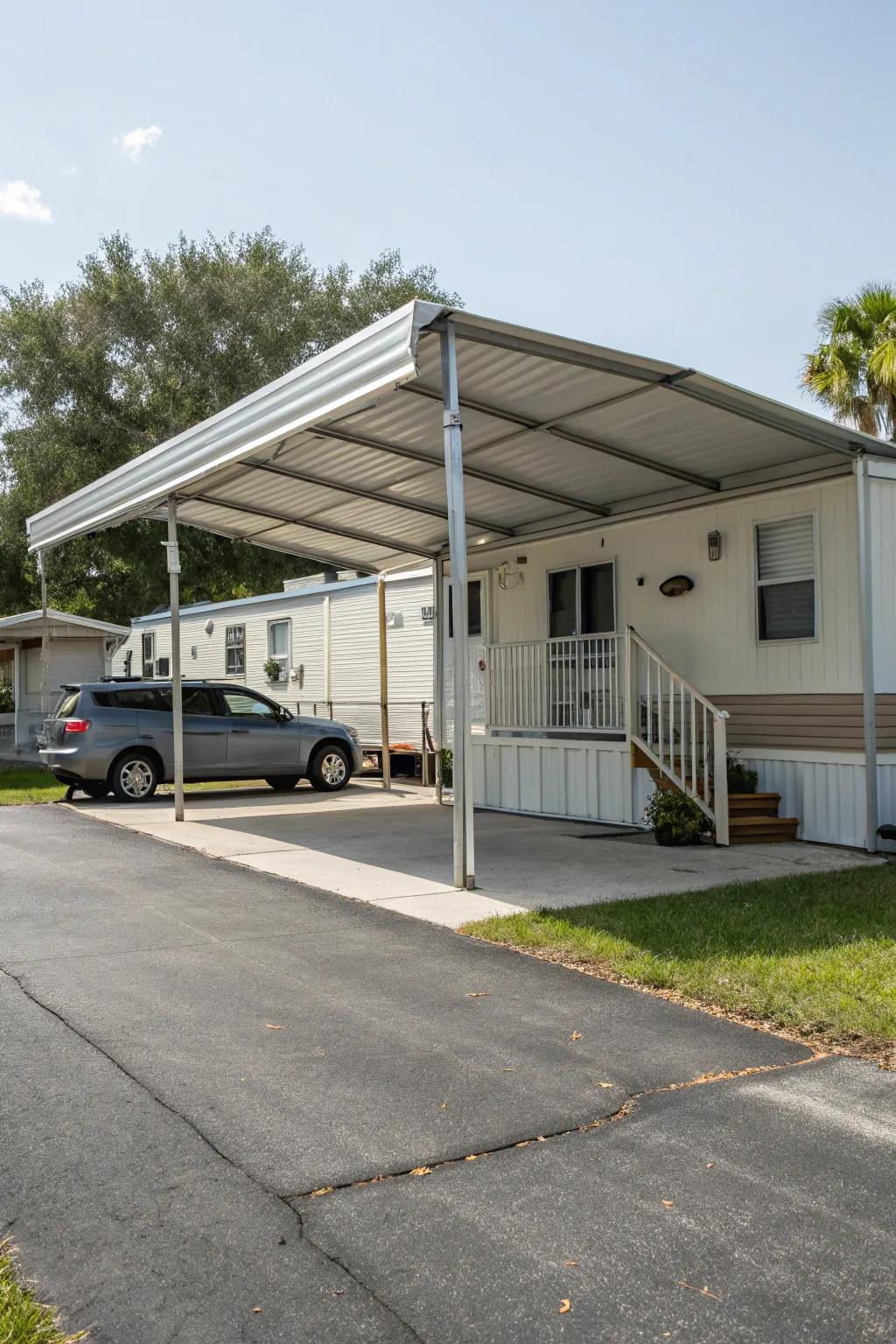 A carport featuring a retractable awning for adaptable shade.