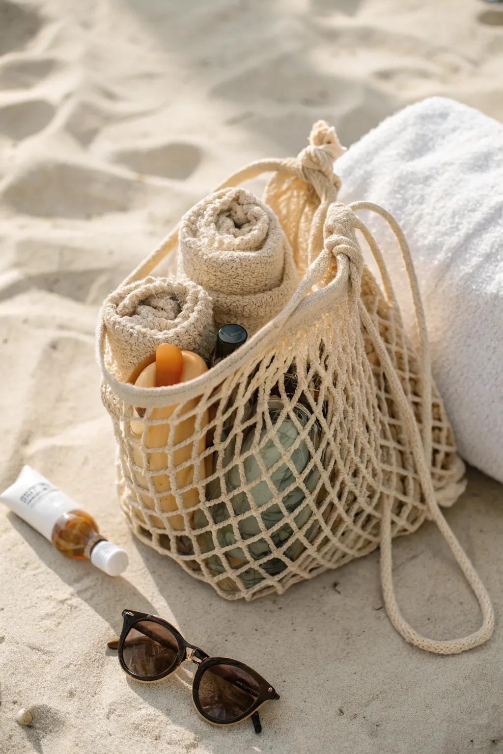 Embrace summer with this sleek, sand-free mesh bag—your perfect beach companion.