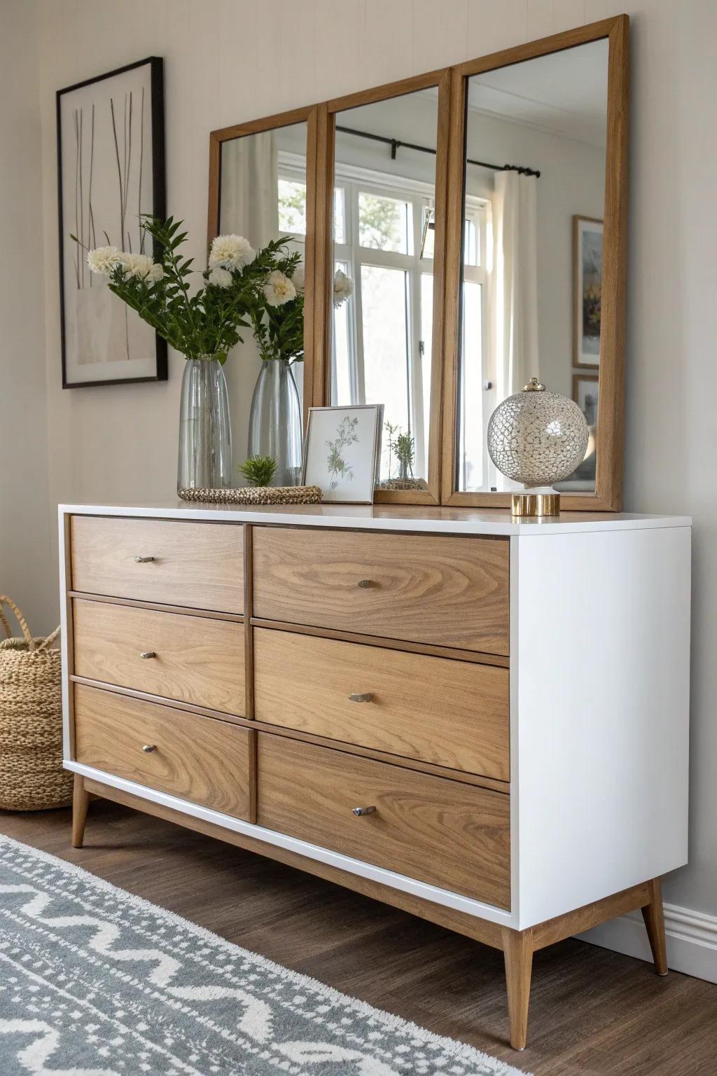 Transform your space with mirrored magic: A minimalist dresser that doubles the beauty.