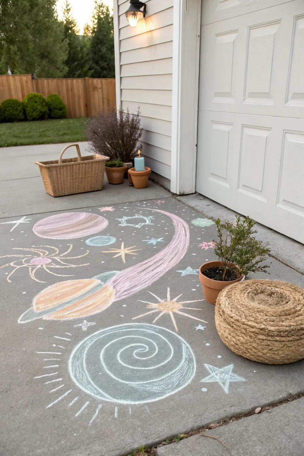 Transform your driveway into a starry masterpiece with minimalist galaxy chalk art!