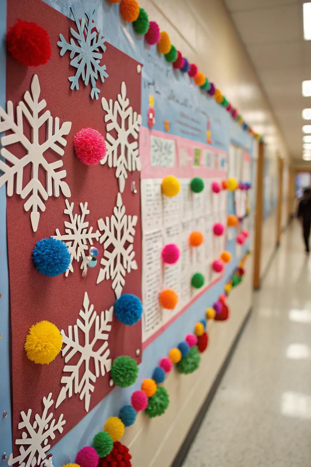 3D snowflakes and pom poms add playful elegance to your board.