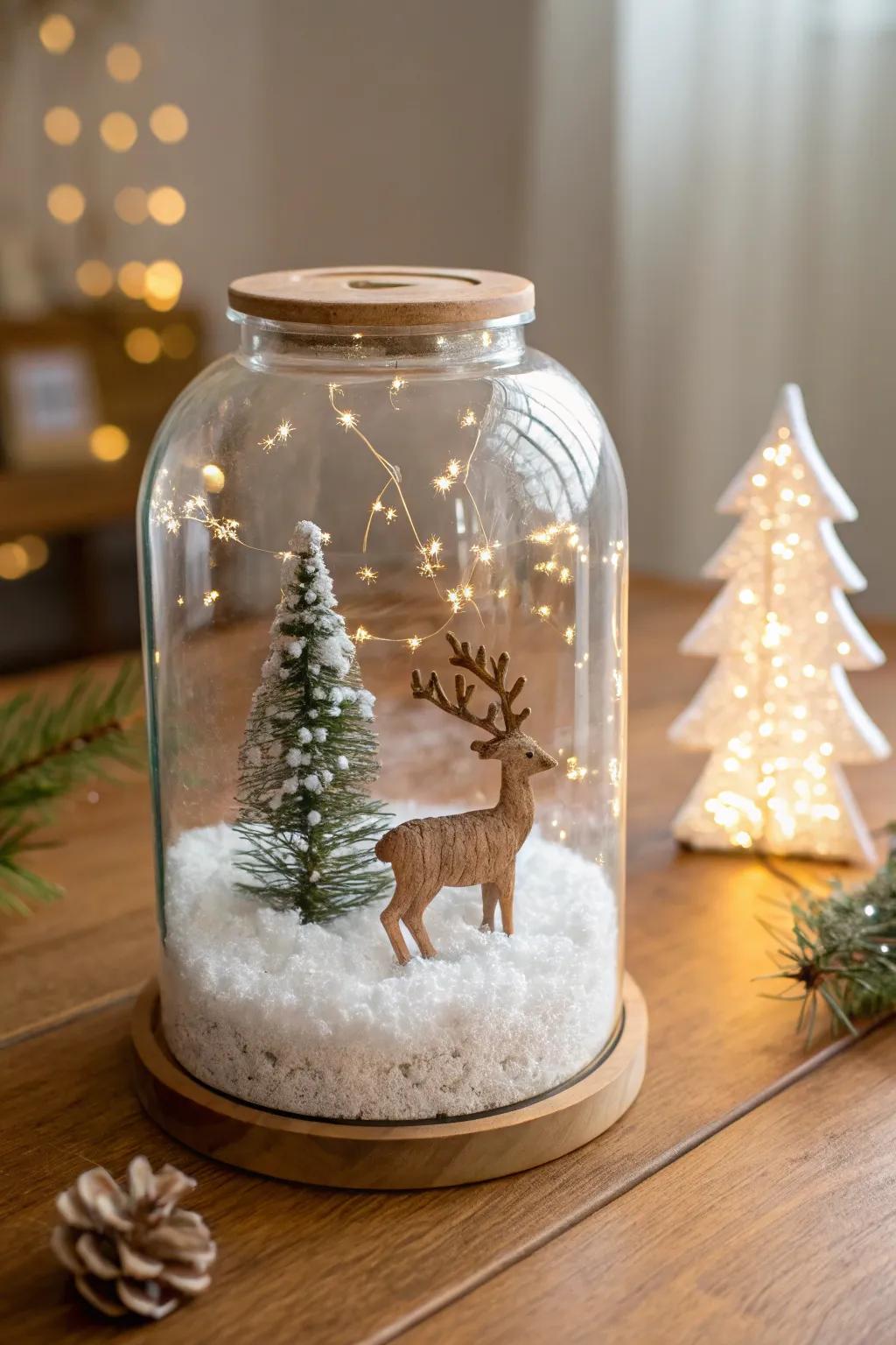 Capture the magic of winter with this charming snow globe jar, a perfect blend of simplicity and elegance.