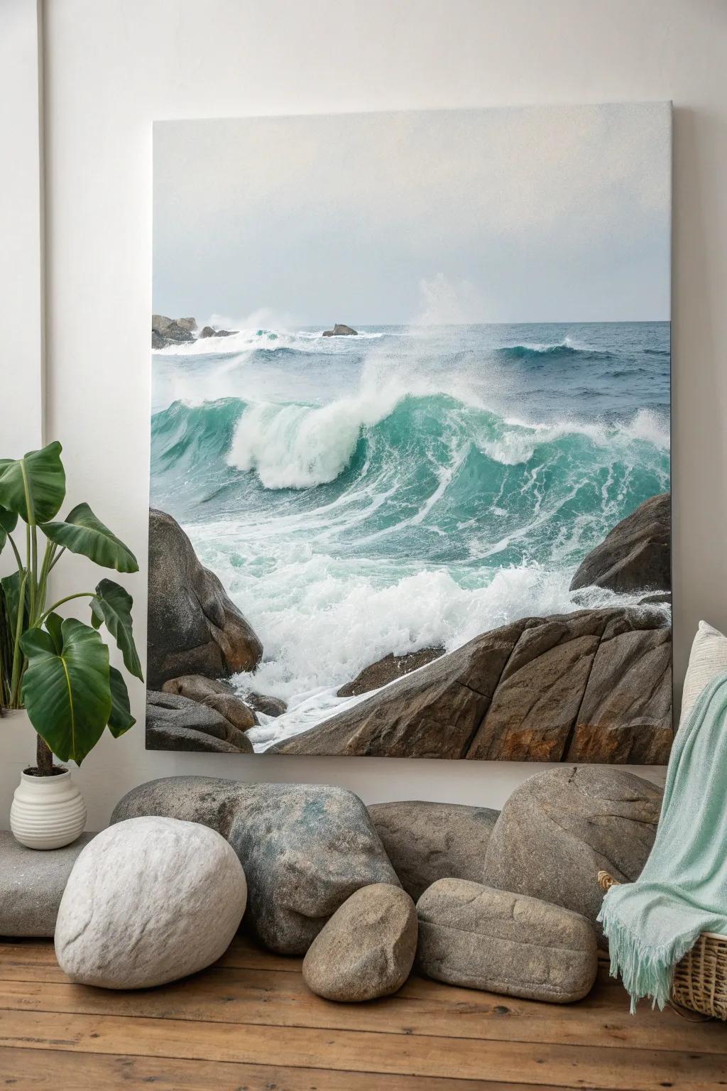 Embrace the serene power of nature with our minimalist 'Waves and Rocks' painting. Perfect for adding a touch of dynamic elegance to your space.