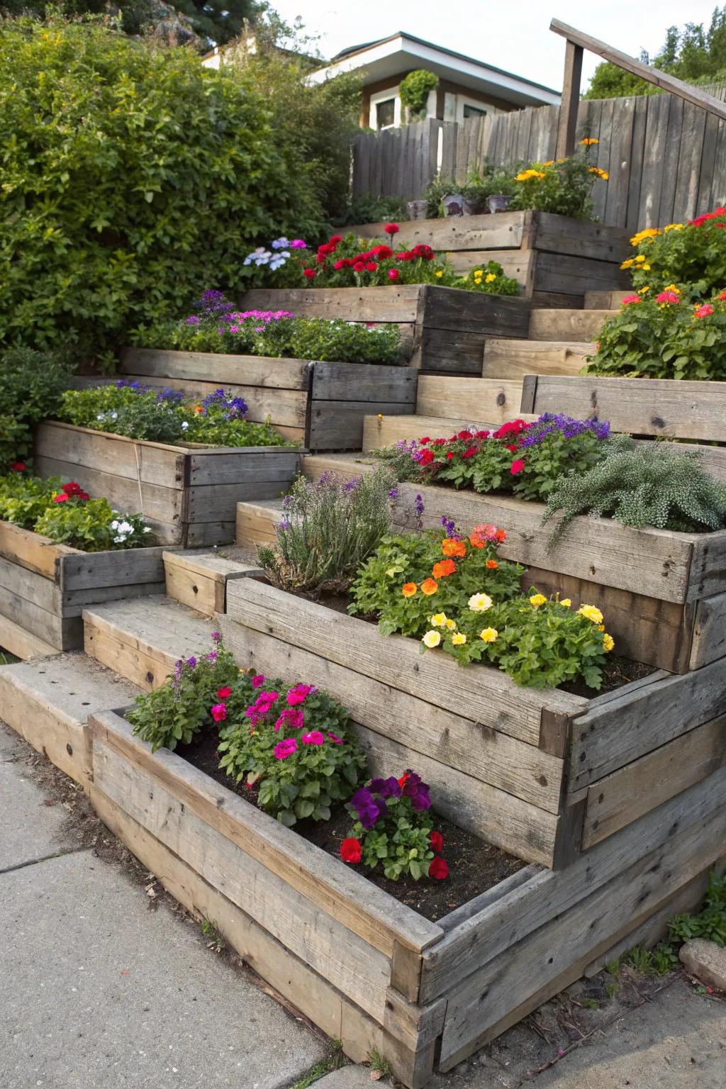 Elevate your garden game with a tiered pallet flower display—where craftsmanship meets nature's vibrant palette.