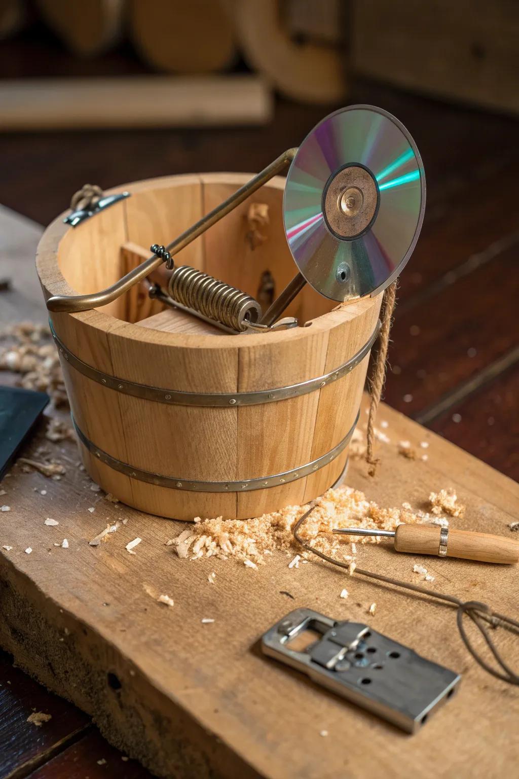 Ingenious Craftsmanship: The Bucket and CD Mouse Trap in Action.