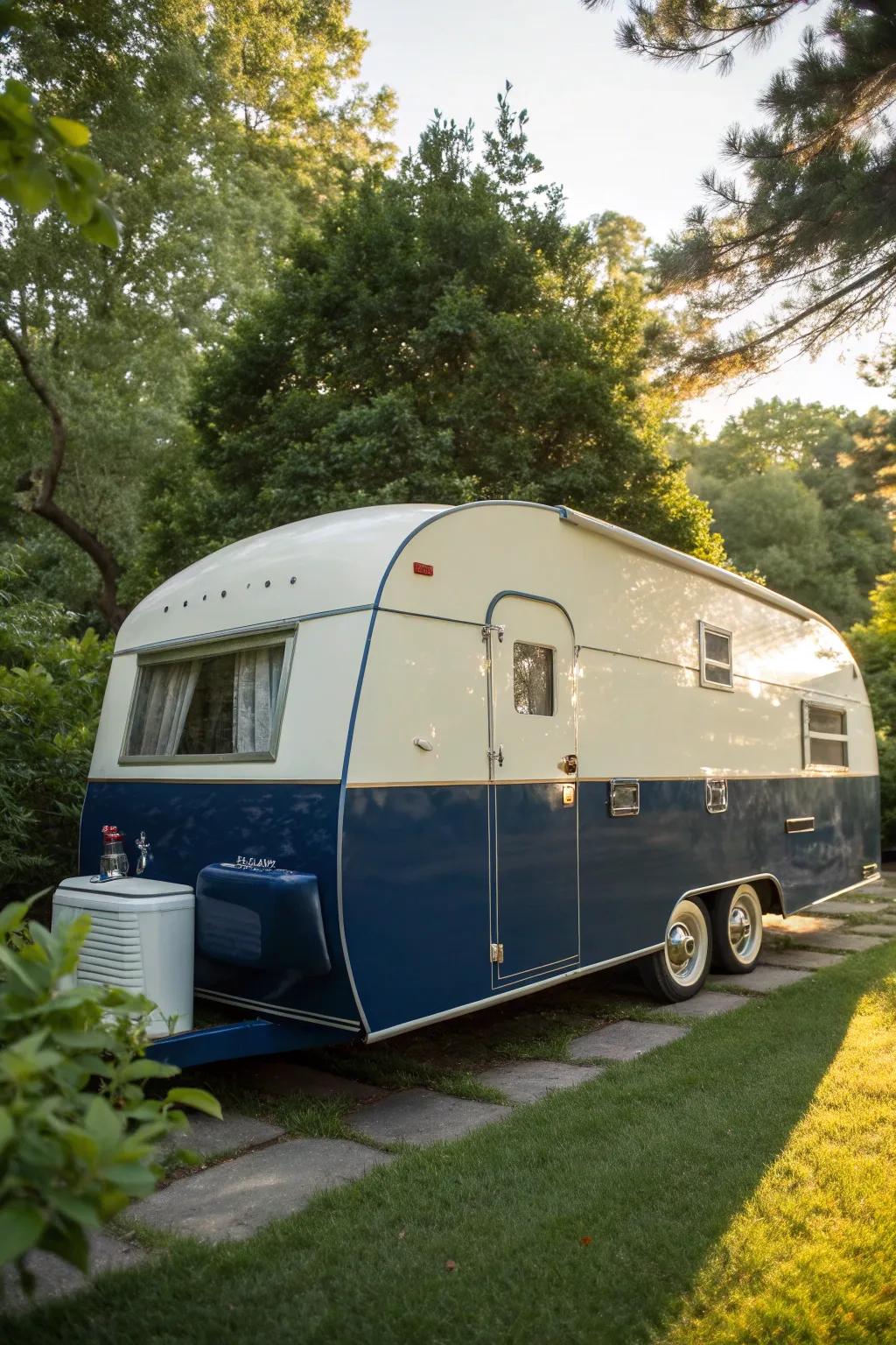 Experience timeless elegance with a classic two-tone camper design.