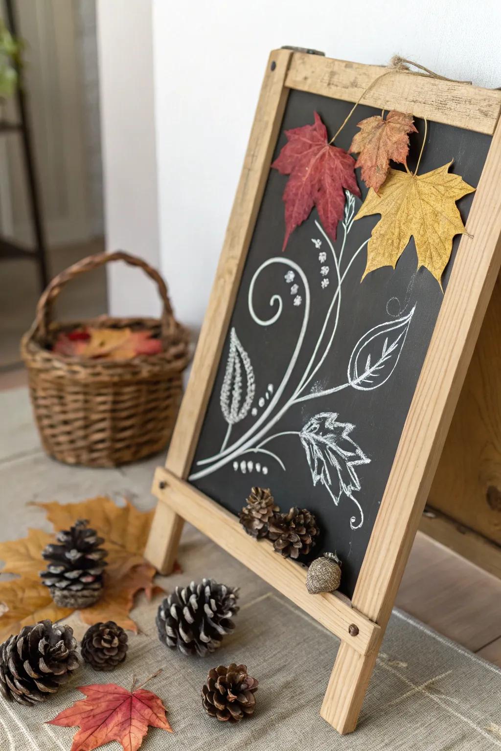 Elevate your fall decor with nature's touch: a minimalist chalkboard adorned with real leaves and pinecones for a stunning 3D effect.
