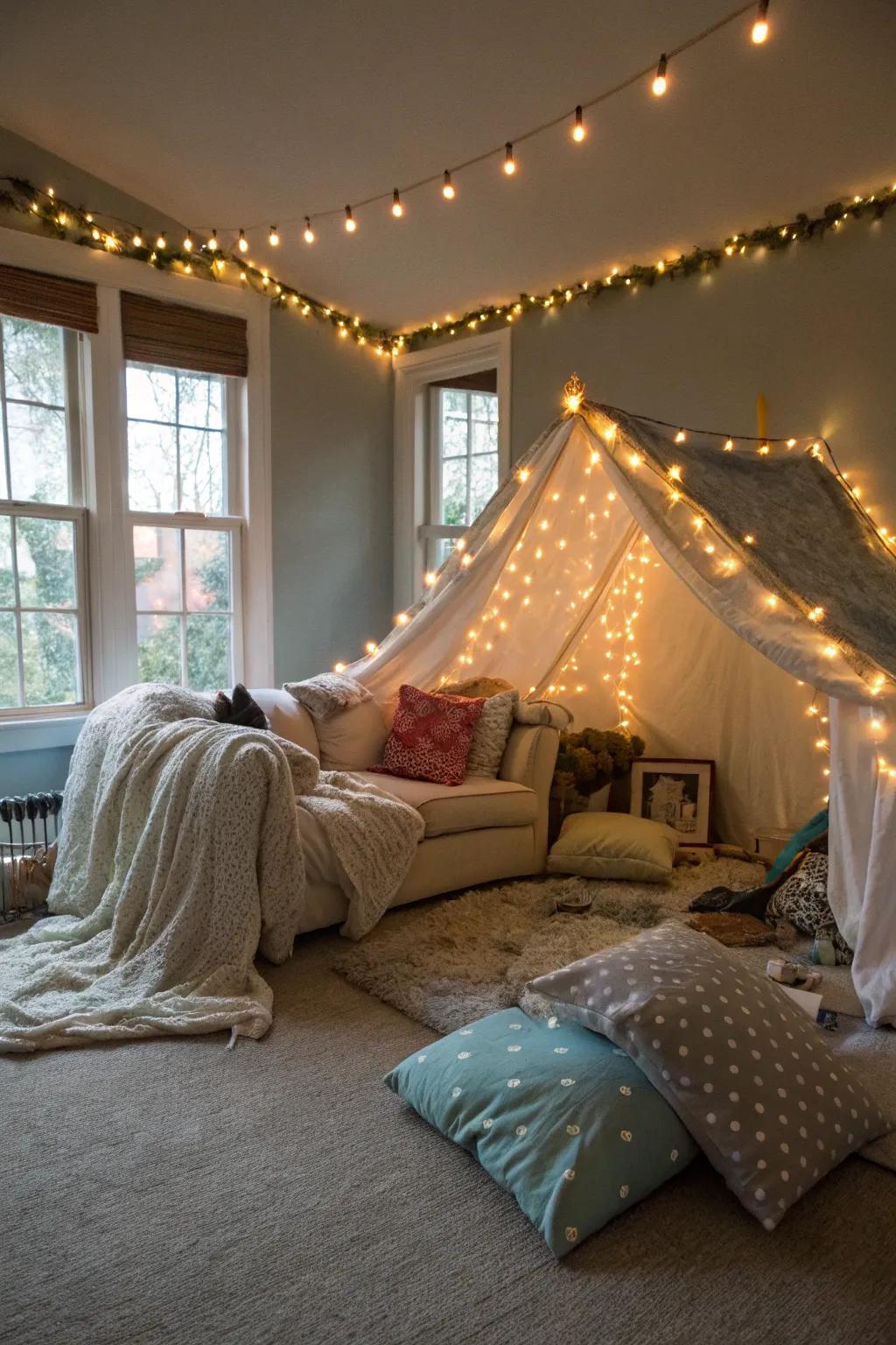 Create a whimsical escape with a cozy blanket fort for two.