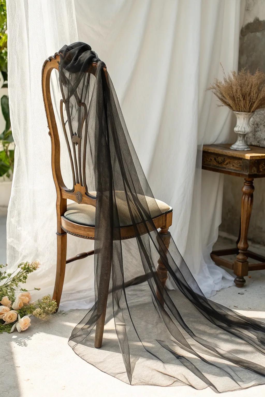 Embrace the elegance of mystery with a sheer black veil.