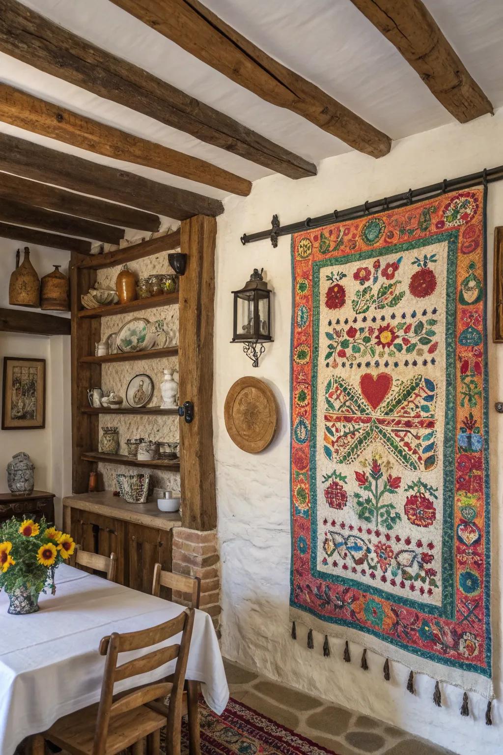 A tapestry adds color and pattern to this farmhouse dining room.