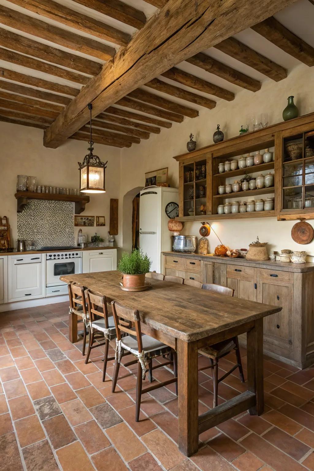Brick tiles add rustic charm and texture to this farmhouse kitchen.