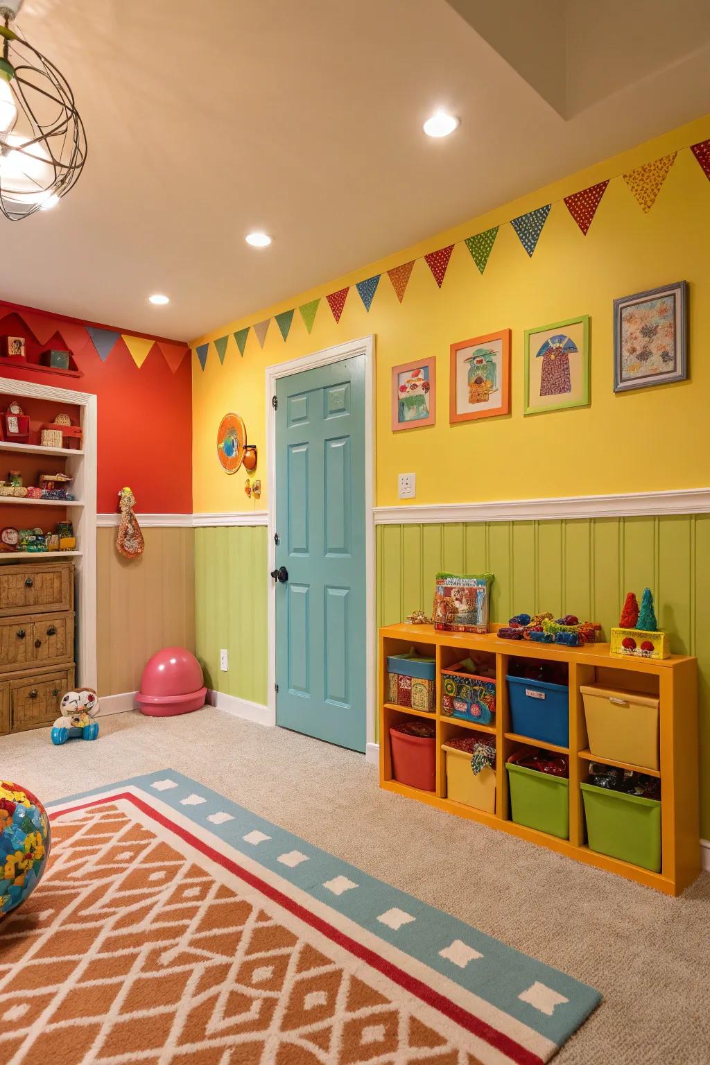 Vibrant children's room with colorful wainscoting.
