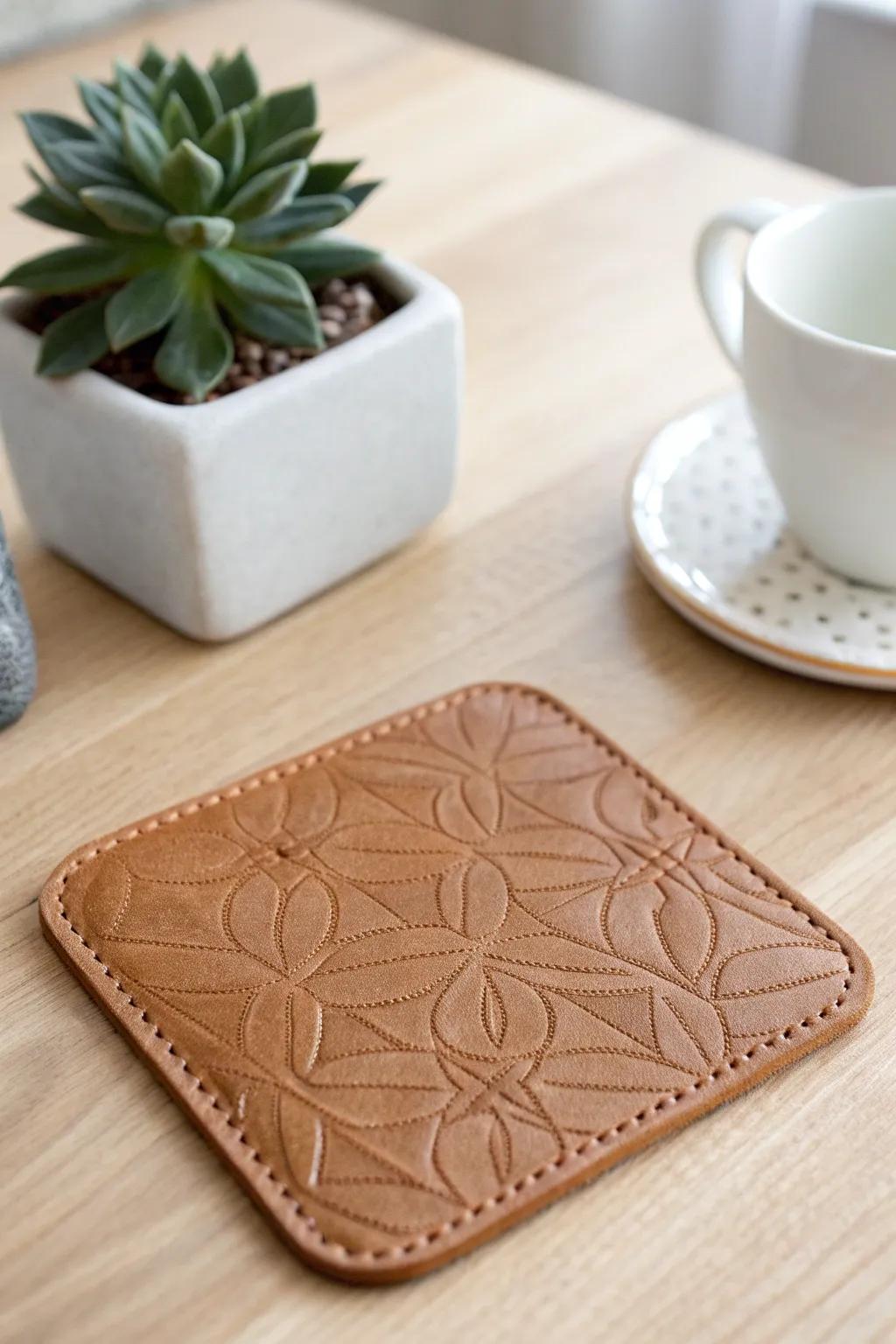 Elevate your coffee table with these chic faux leather coasters, blending minimalist elegance with a Boho touch.