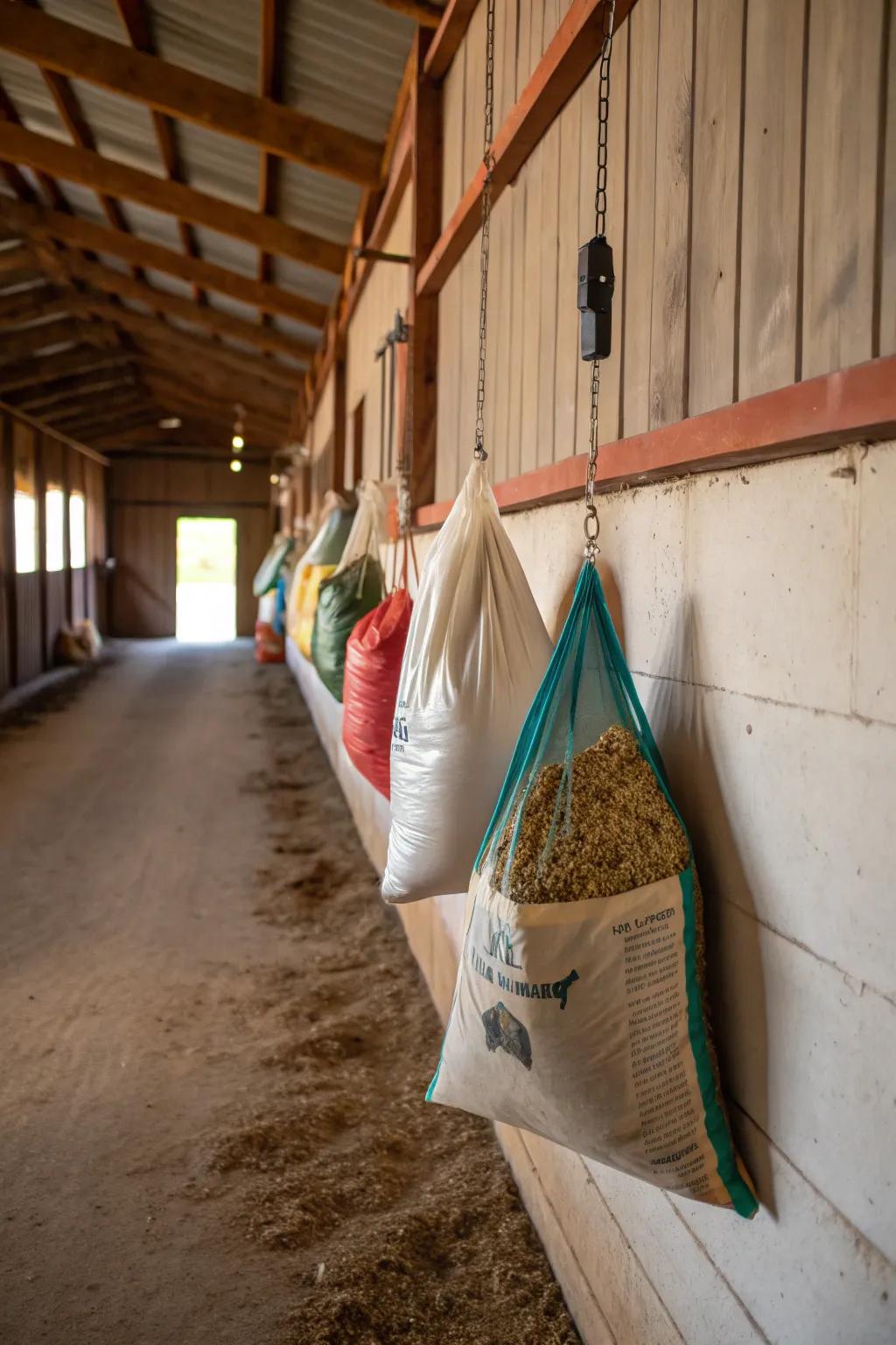 Hangable storage bags for efficient feed management.