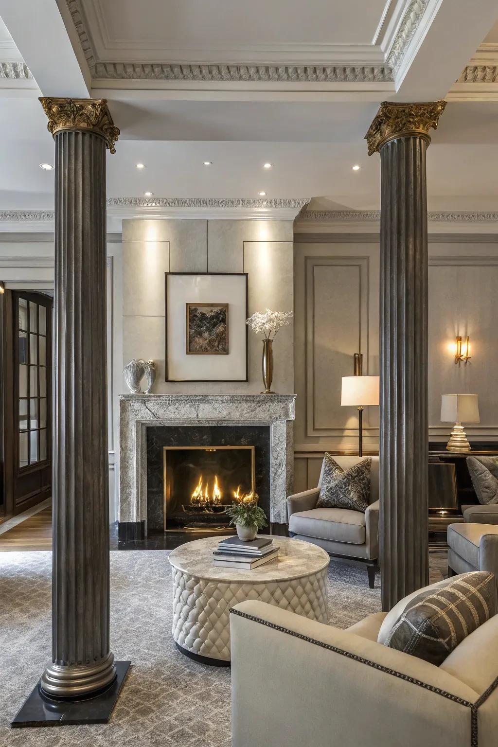 Metallic finish columns add glamor and sophistication.
