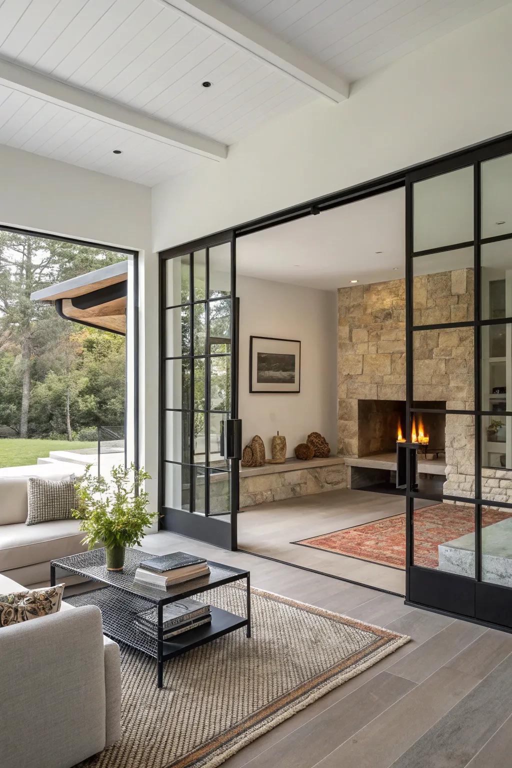 Seamless elegance with floating glass fireplace doors.
