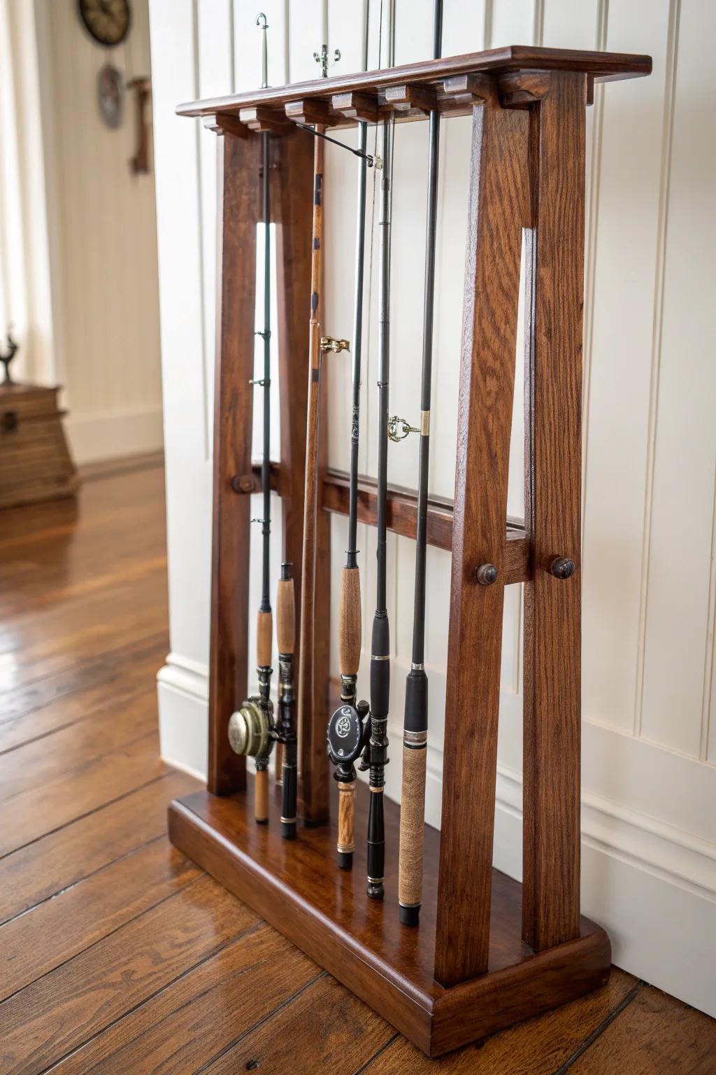 Elegance in Simplicity: The perfect freestanding rod stand for your prized collection.