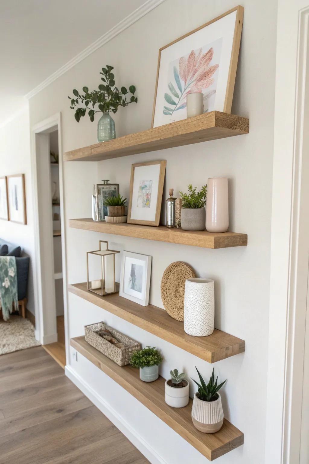 Elevate your space with minimalist floating shelves; a chic gallery wall alternative that combines art and nature.