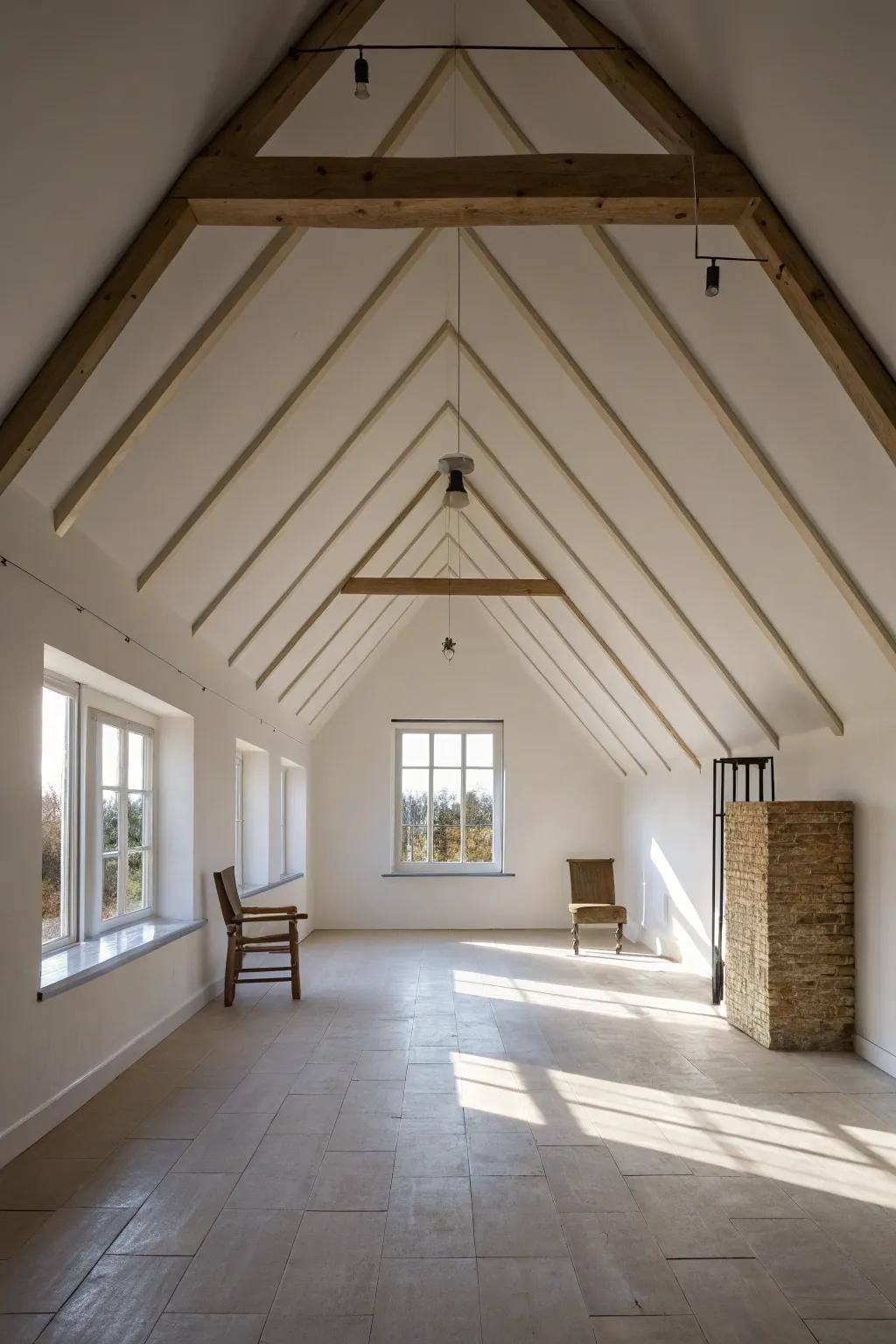 Minimalistic elegance highlighting the architecture of a gable ceiling.