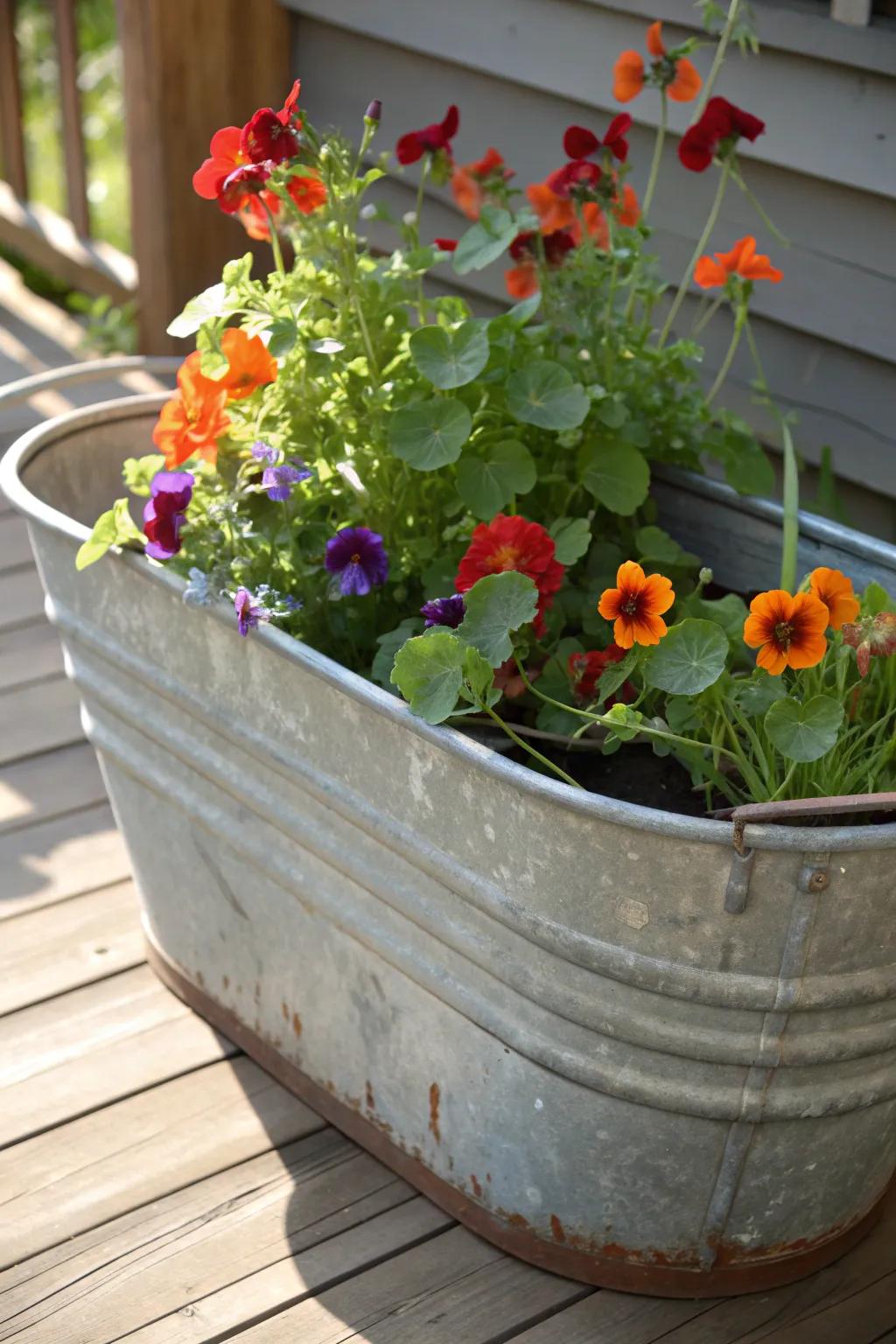 Transform your space with a galvanized tub planter, where edible blossoms meet rustic elegance.