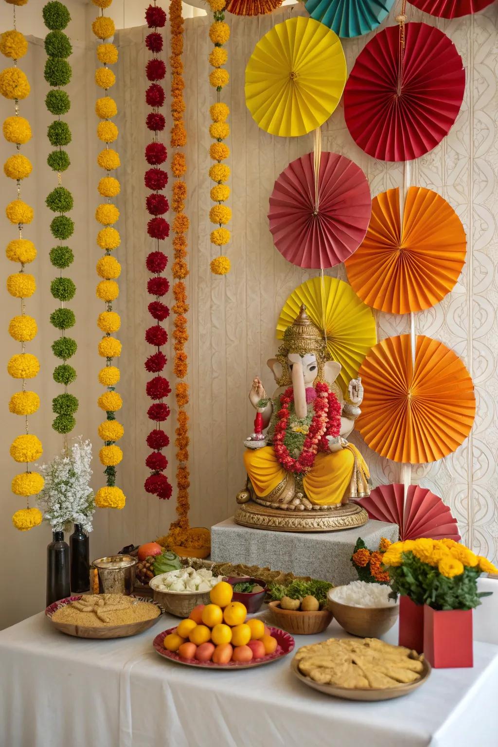 Paper fans add a playful and dynamic touch.