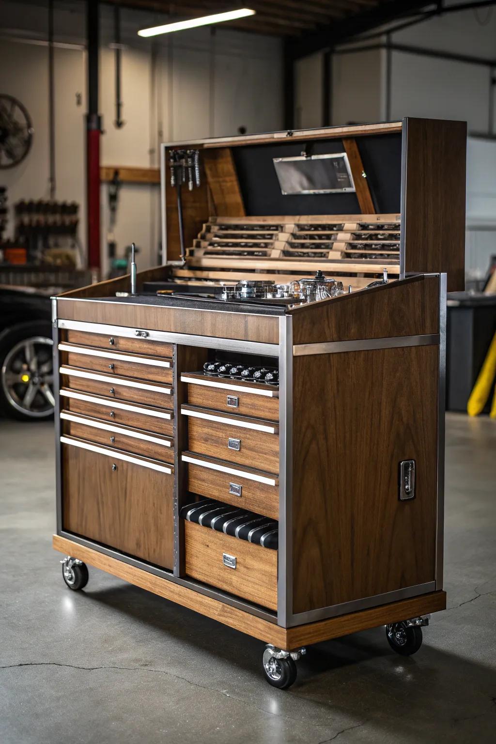 Enhance your garage with a mobile tool cart that combines style and functionality for the modern craftsman.