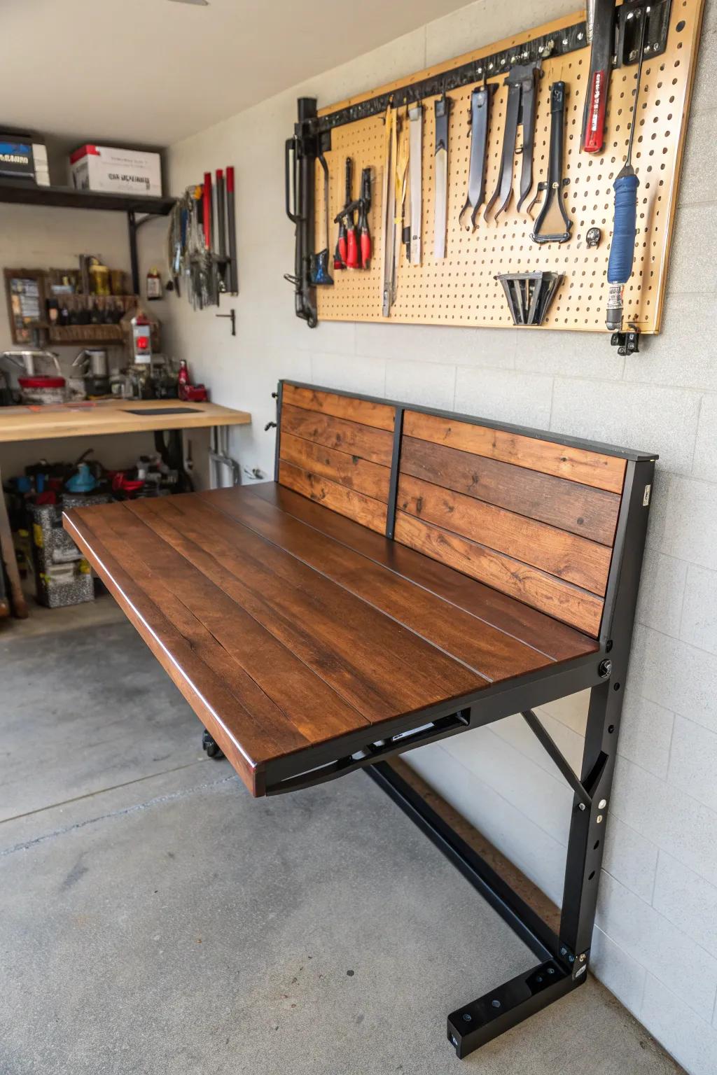 Maximize your garage space with a stylish, foldable workbench that combines form and function.