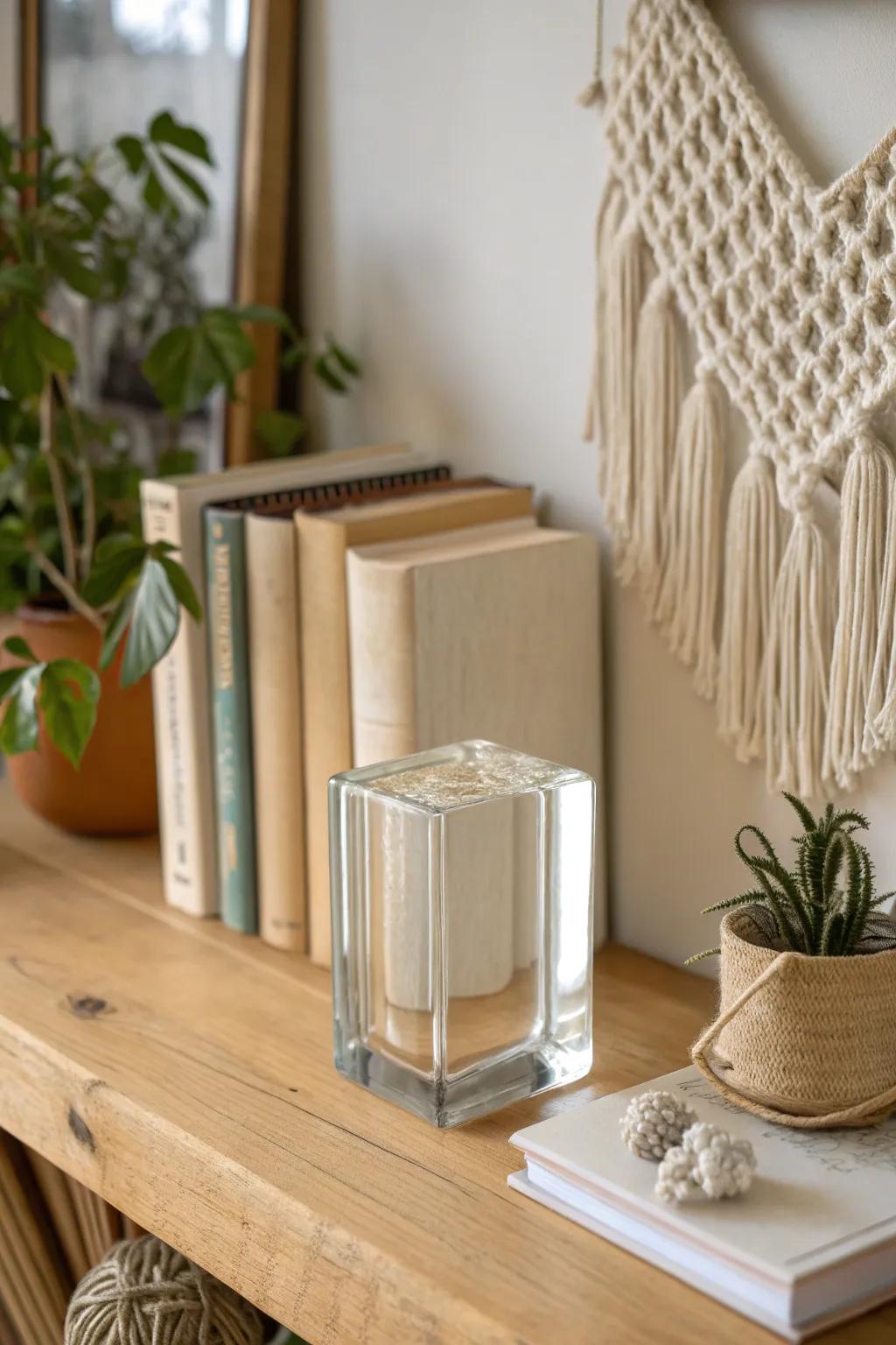 Transform your bookshelf with these chic glass block bookends, marrying minimalist elegance with a Boho touch.