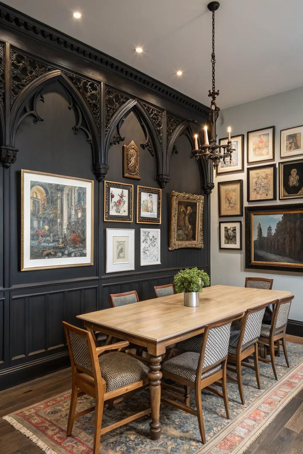 A gallery wall that adds a personal and artistic touch to the dining room.