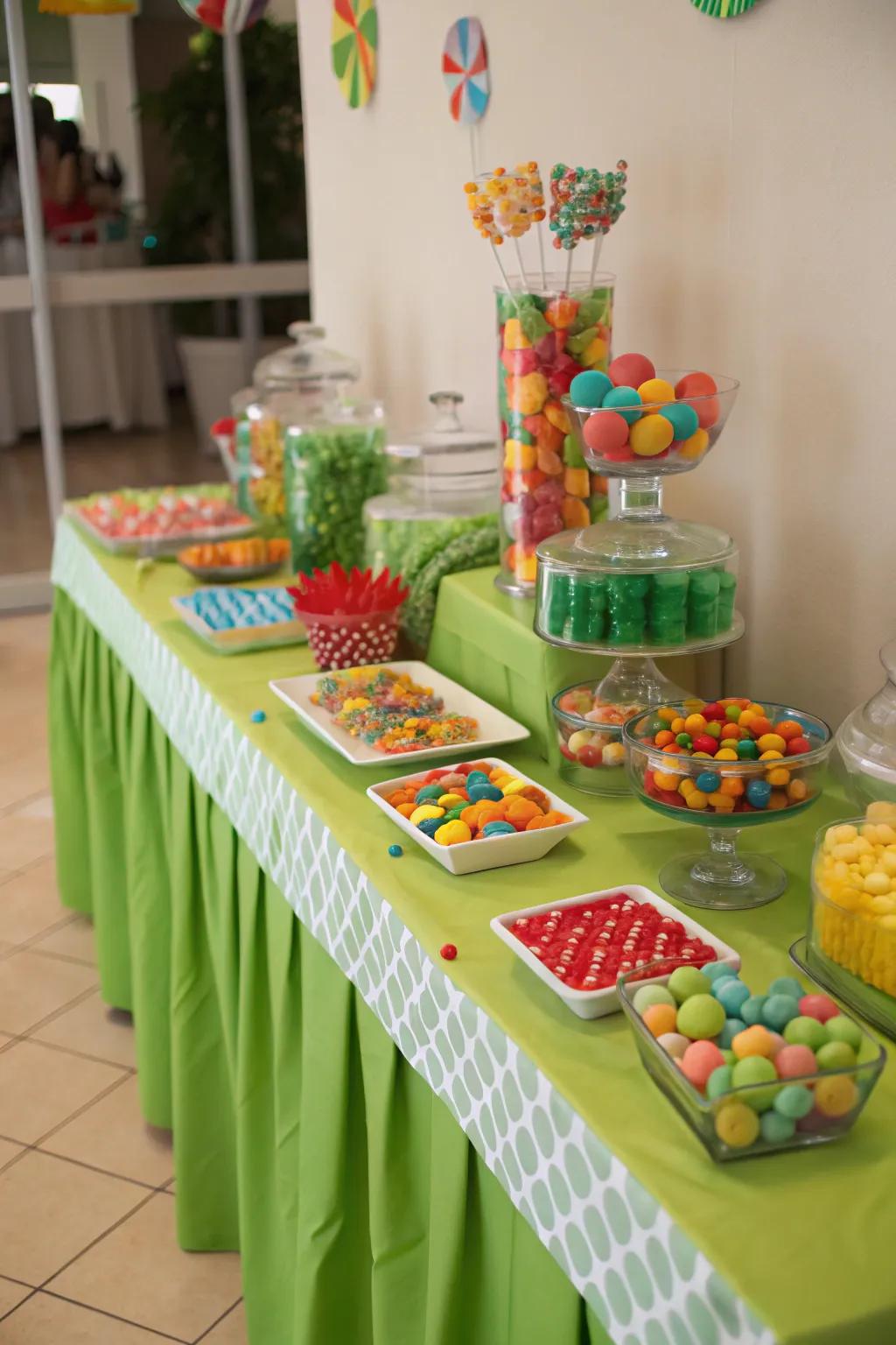 A green tablecloth sets the stage for your candy display.