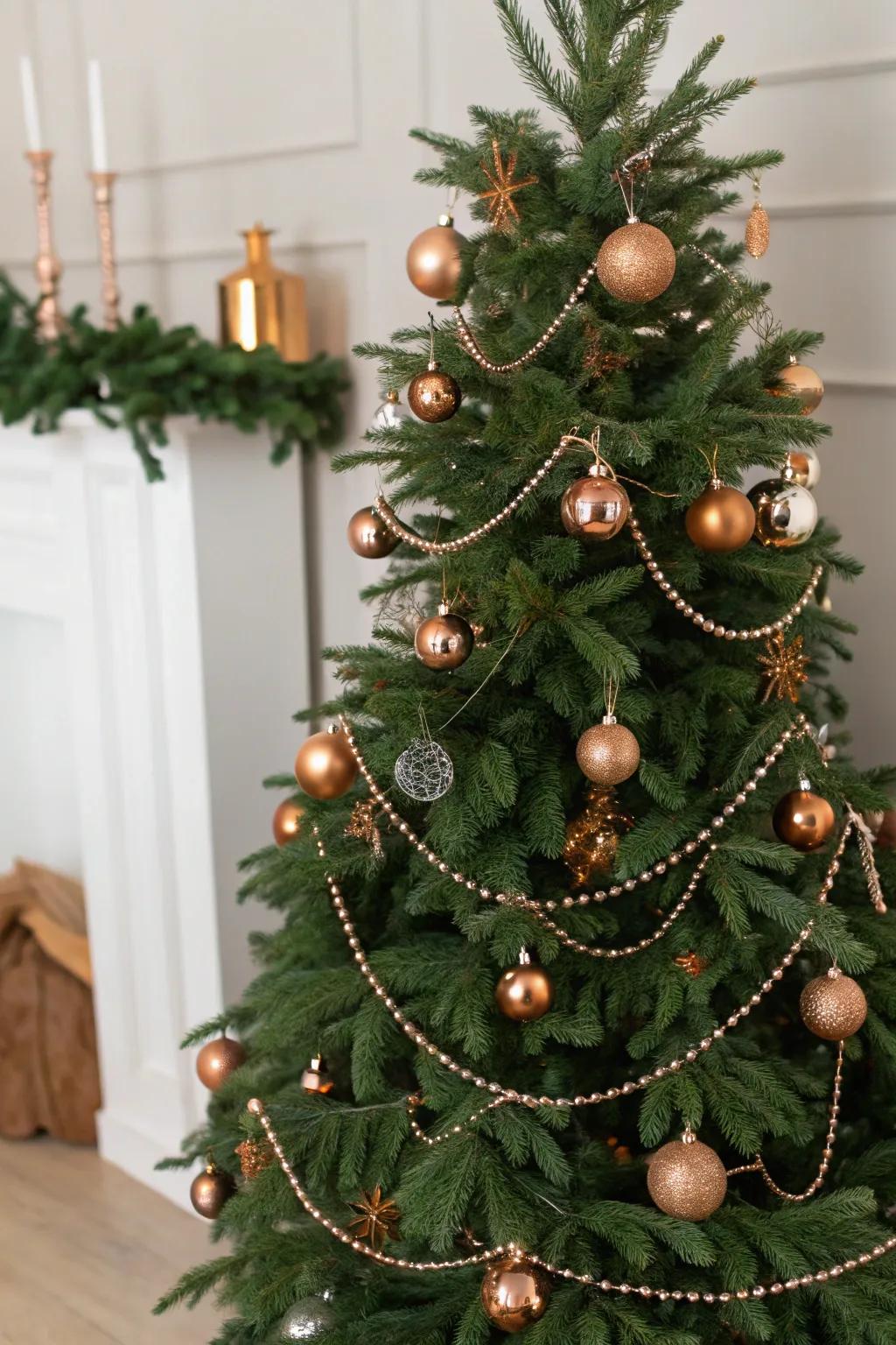 A chic copper-accented Christmas tree that adds warmth and sophistication.