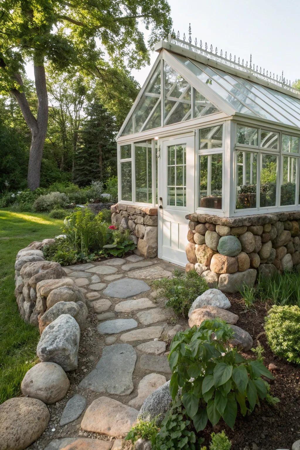 Timeless elegance meets natural beauty: A greenhouse with a rugged stone foundation.