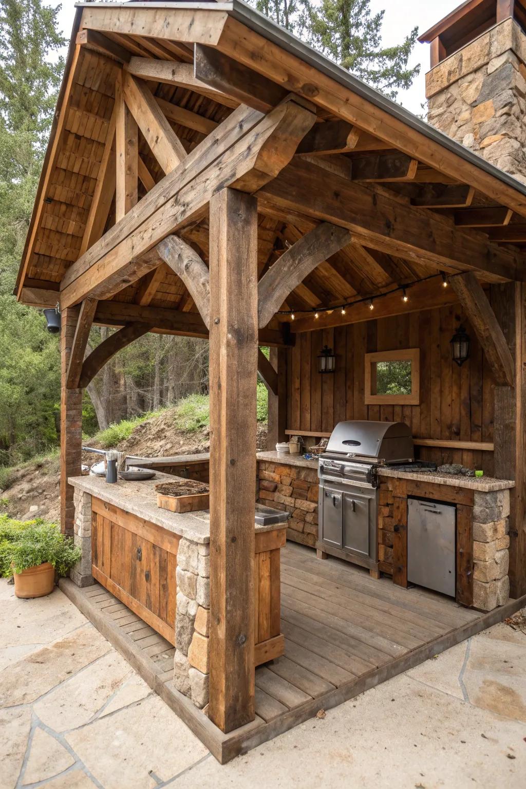 Embrace the charm of outdoor grilling with a rustic wooden shelter crafted from reclaimed wood.