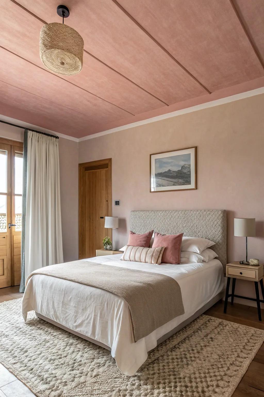 A pink ceiling adds warmth and interest to the space.