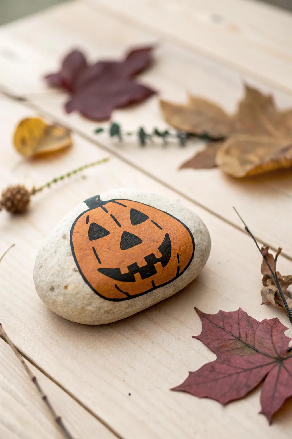 Embrace the natural beauty of Halloween with this minimalist Jack-o'-Lantern rock art.