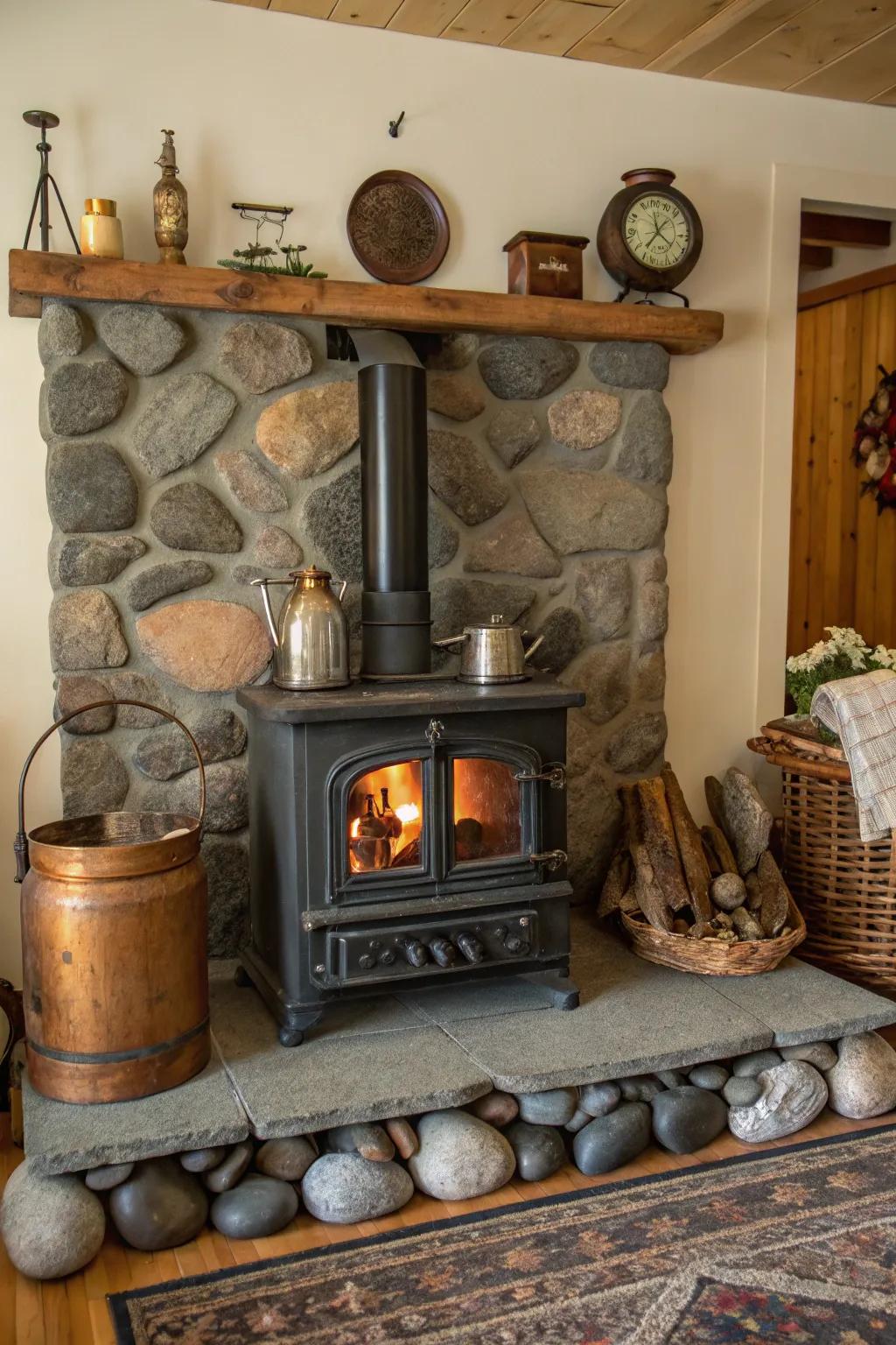 An eclectic mix of materials creates a unique hearth design.