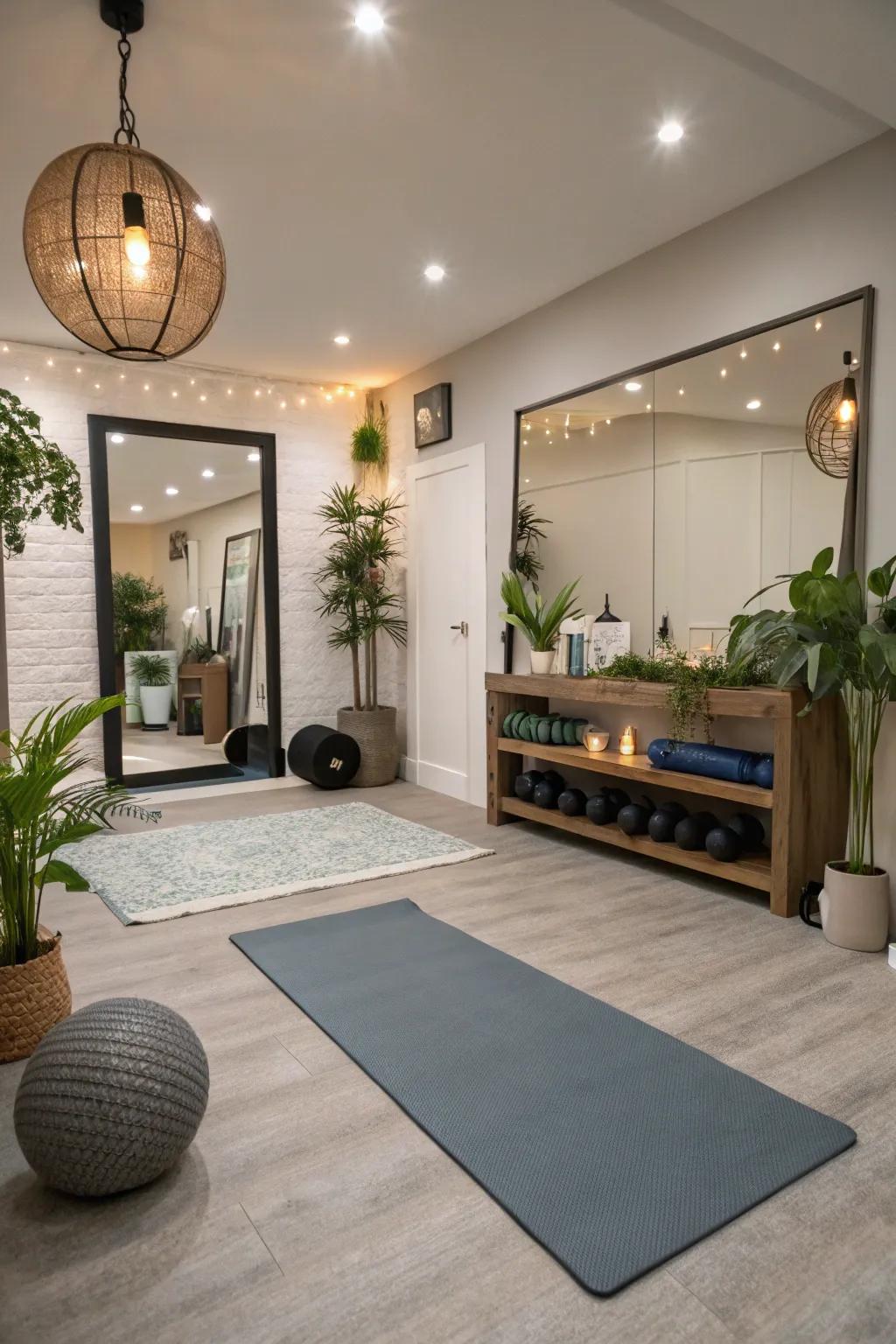 A peaceful mindfulness zone in a home gym for yoga and meditation.