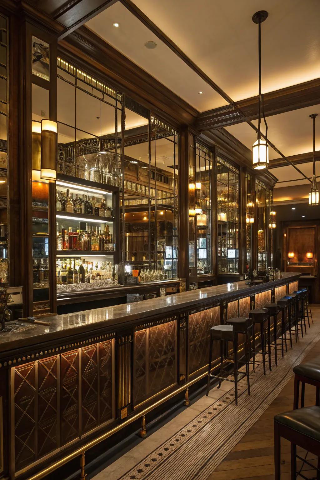 Reflective surfaces can visually expand your whiskey bar area.