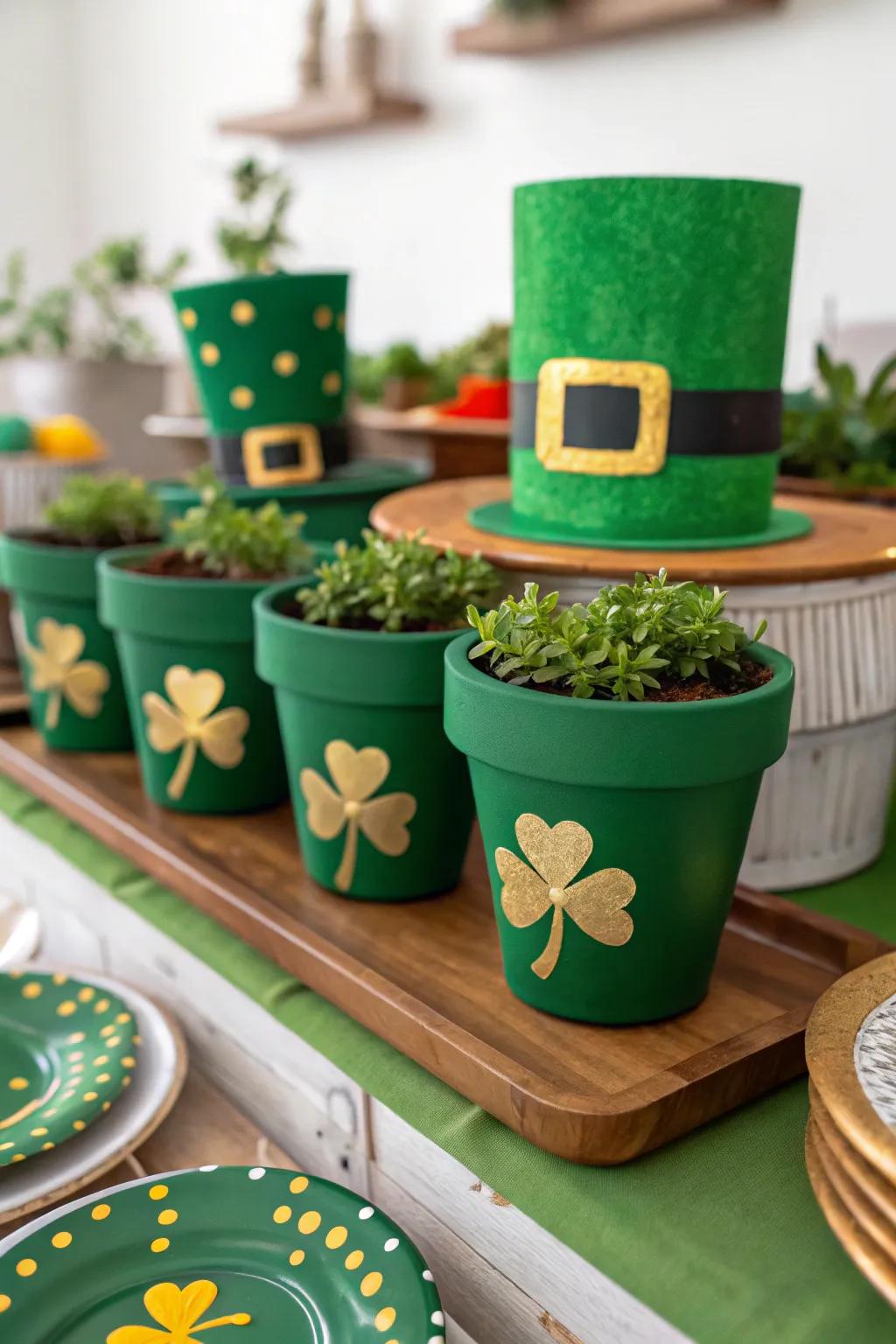 Charming clay pot leprechaun hats as a centerpiece.