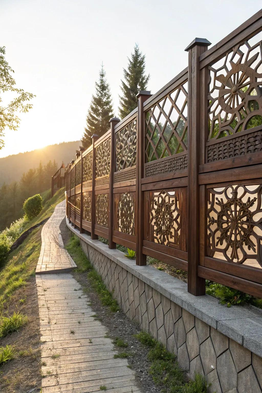 Elevate your outdoor space with a horizontal fence that combines craftsmanship and artistry through custom decorative panels.