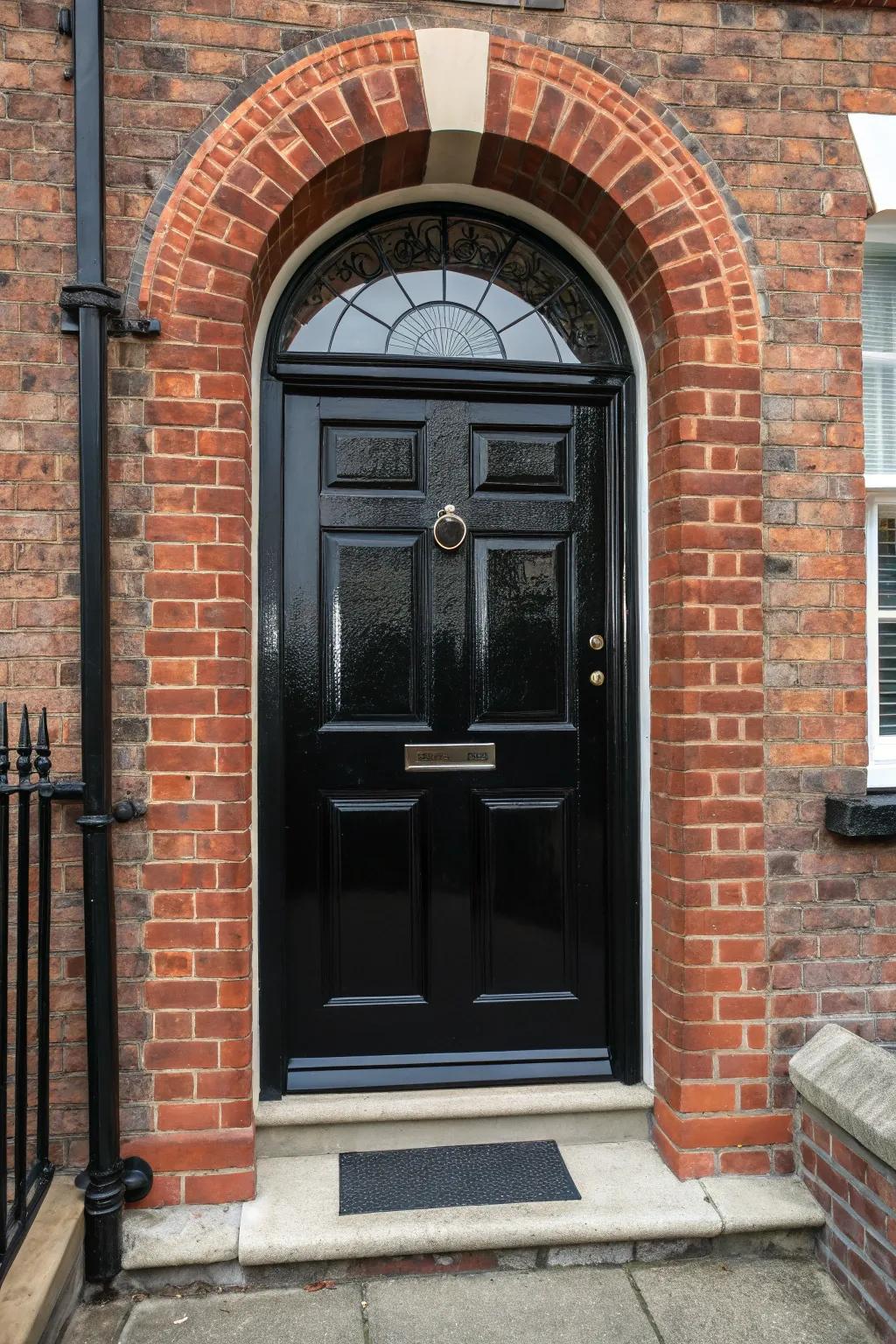 Regal arches framing an elegant black door.