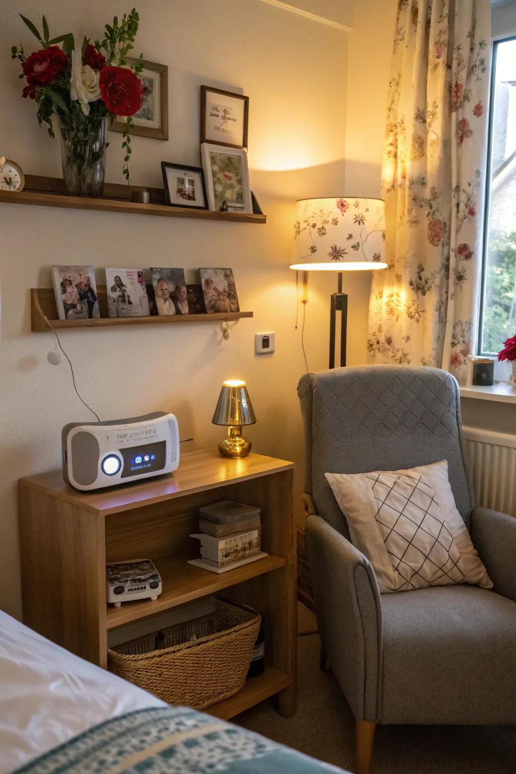 Music infuses the room with warmth and nostalgia.
